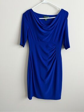 Lauren Ralph Lauren Cobalt Blue Cowl Neck Ruched Sheath Dress Petite 8P